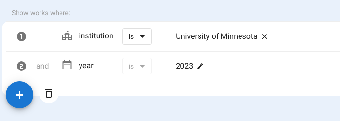 Screenshot of the filters used to retrieve 2023 University of Minnesota publications.